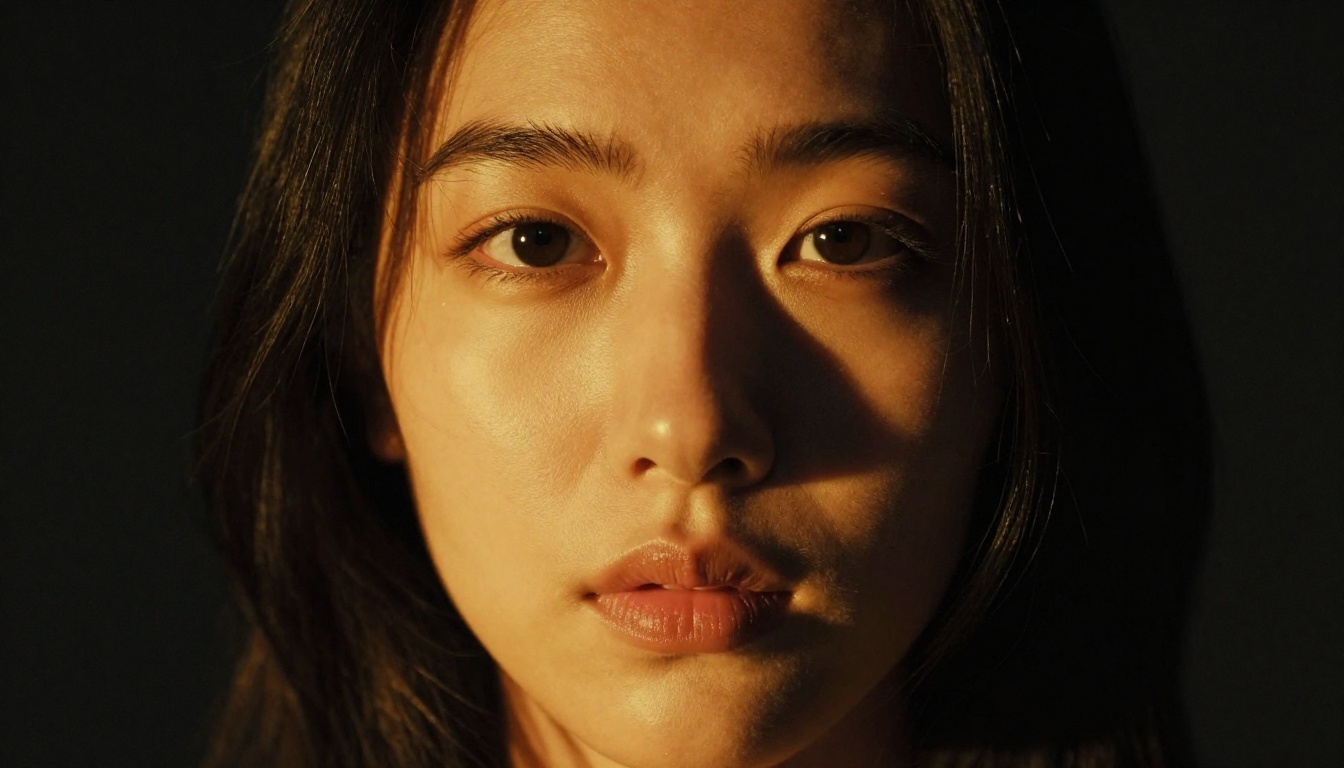 Dramatic split-lit portrait of woman in cinematic amber and blue light representing high-fidelity video frame quality