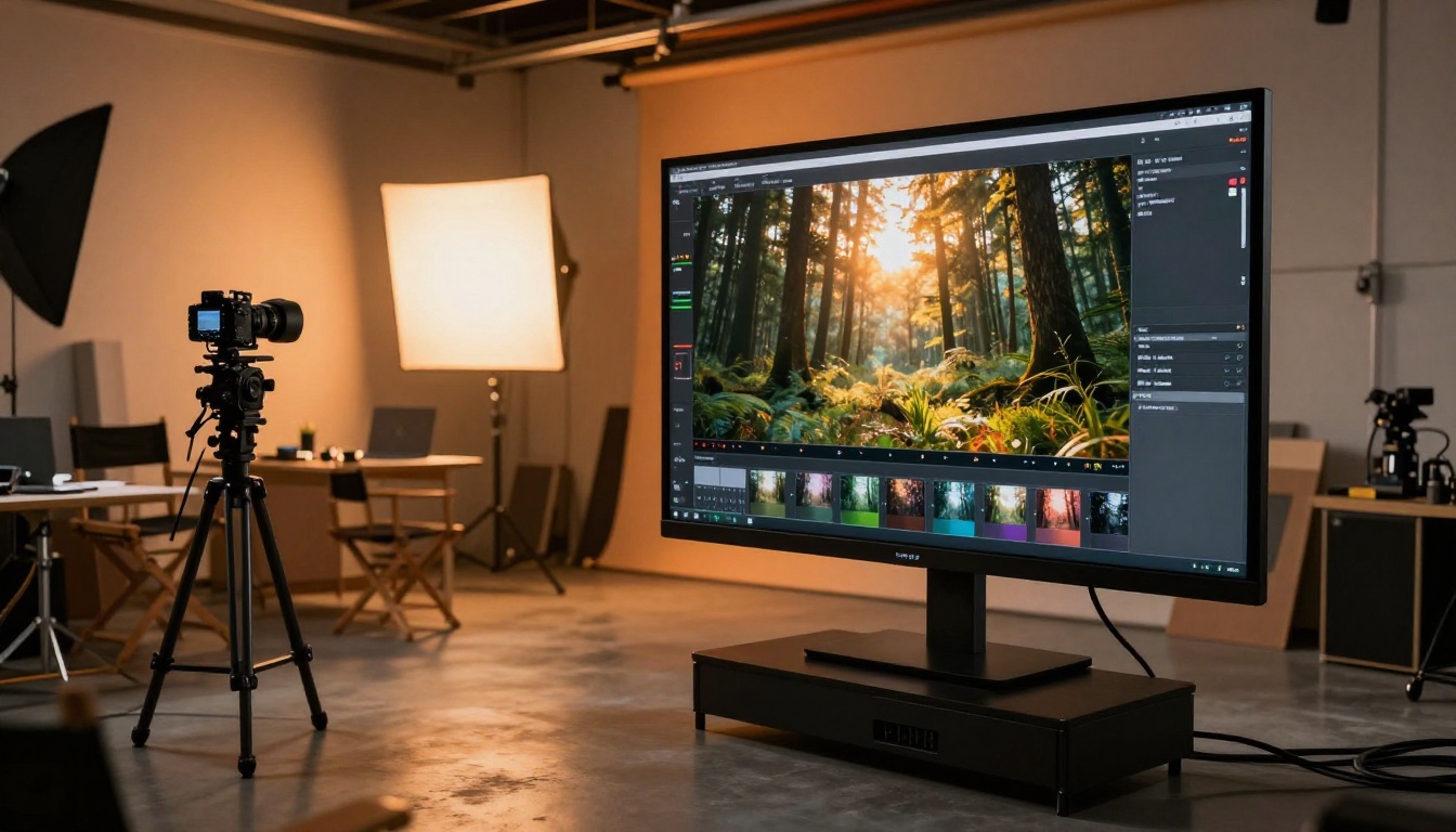 Wide shot of photography studio with large 4K monitor displaying AI video output, director's chair, warm ambient lighting