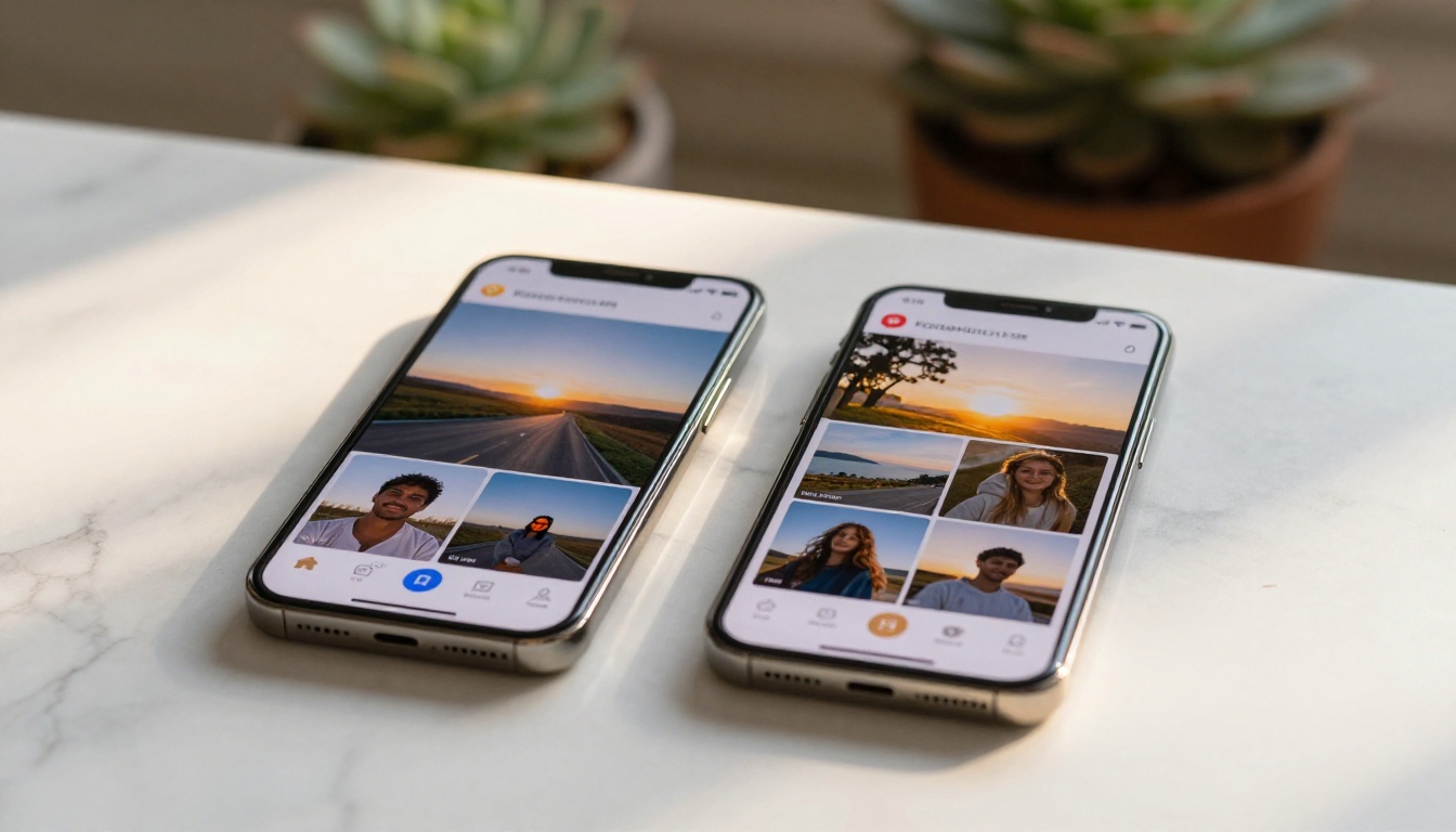 Two smartphones side by side on marble surface displaying different AI video generation interfaces