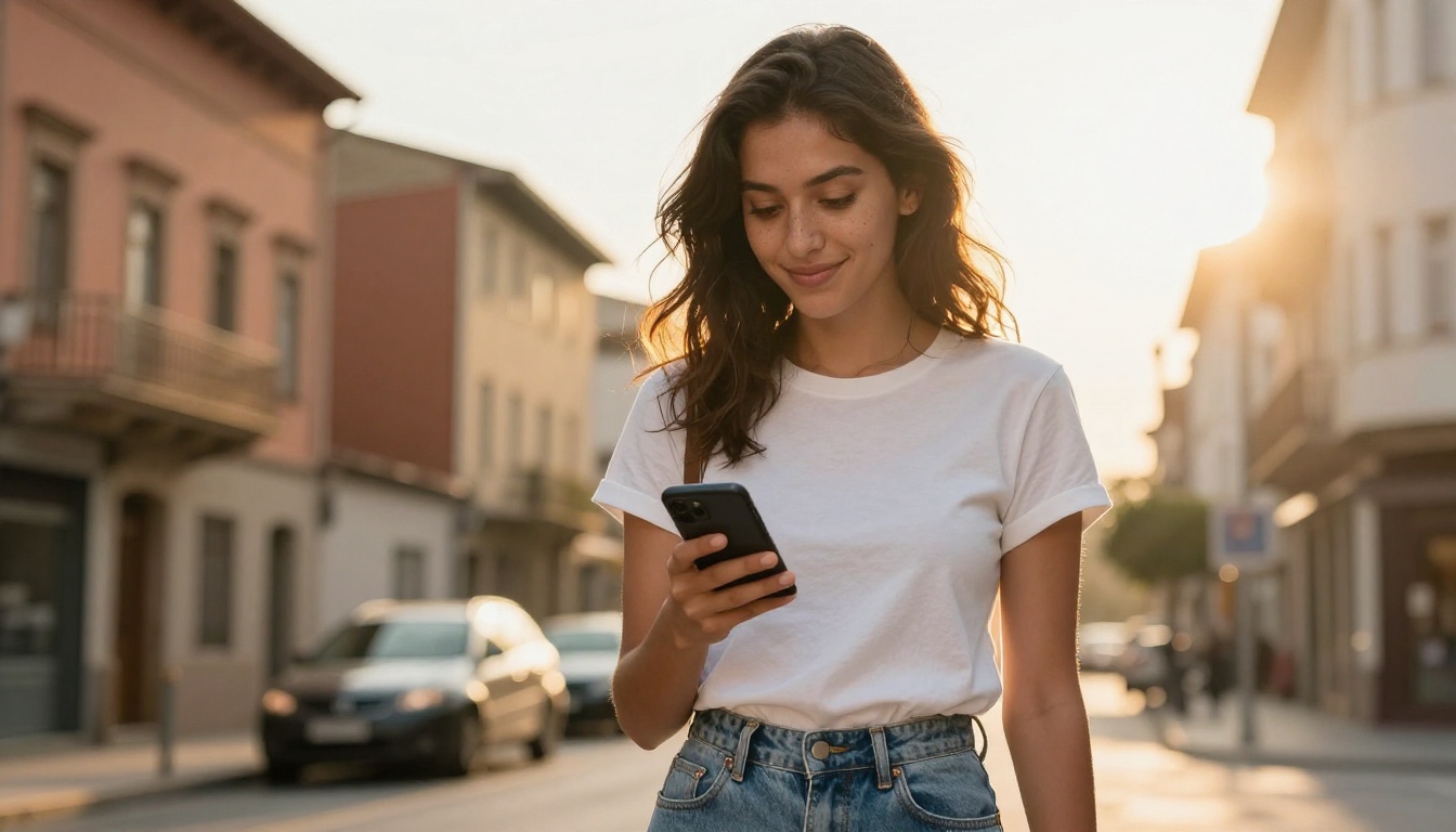 Confident creator on an urban street looking at her phone in golden hour light Confident creator on an urban street looking at her phone in golden hour light