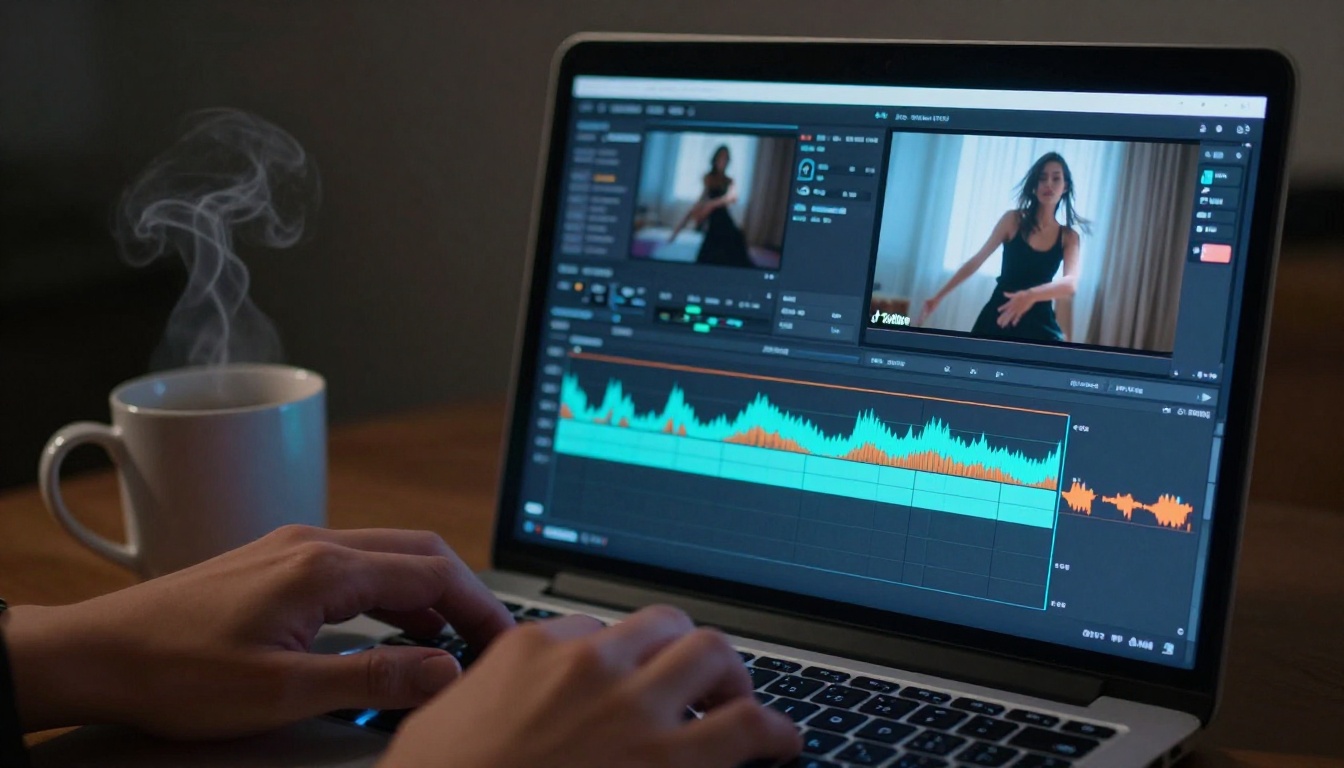 Laptop screen showing video editing interface in a dark room Laptop screen showing video editing interface in a dark room