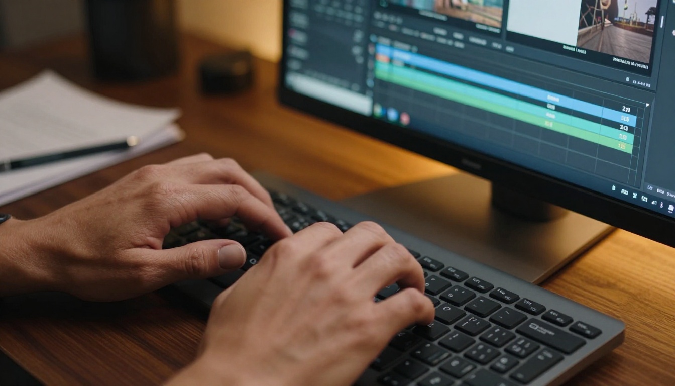 Close-up of a filmmaker's hands typing on keyboard with video editing timeline reflected on screen