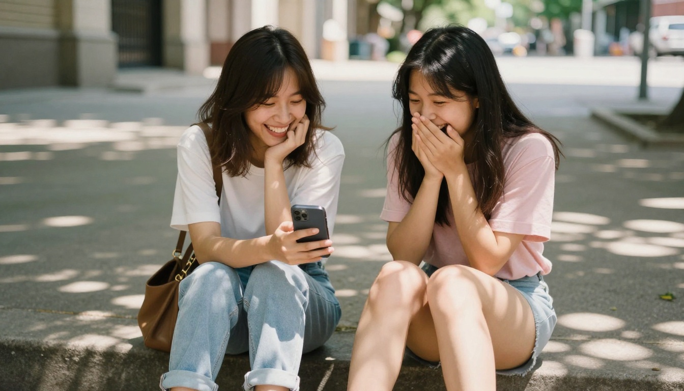 Two friends laughing together watching TikTok videos on outdoor steps Two friends laughing together watching TikTok videos on outdoor steps