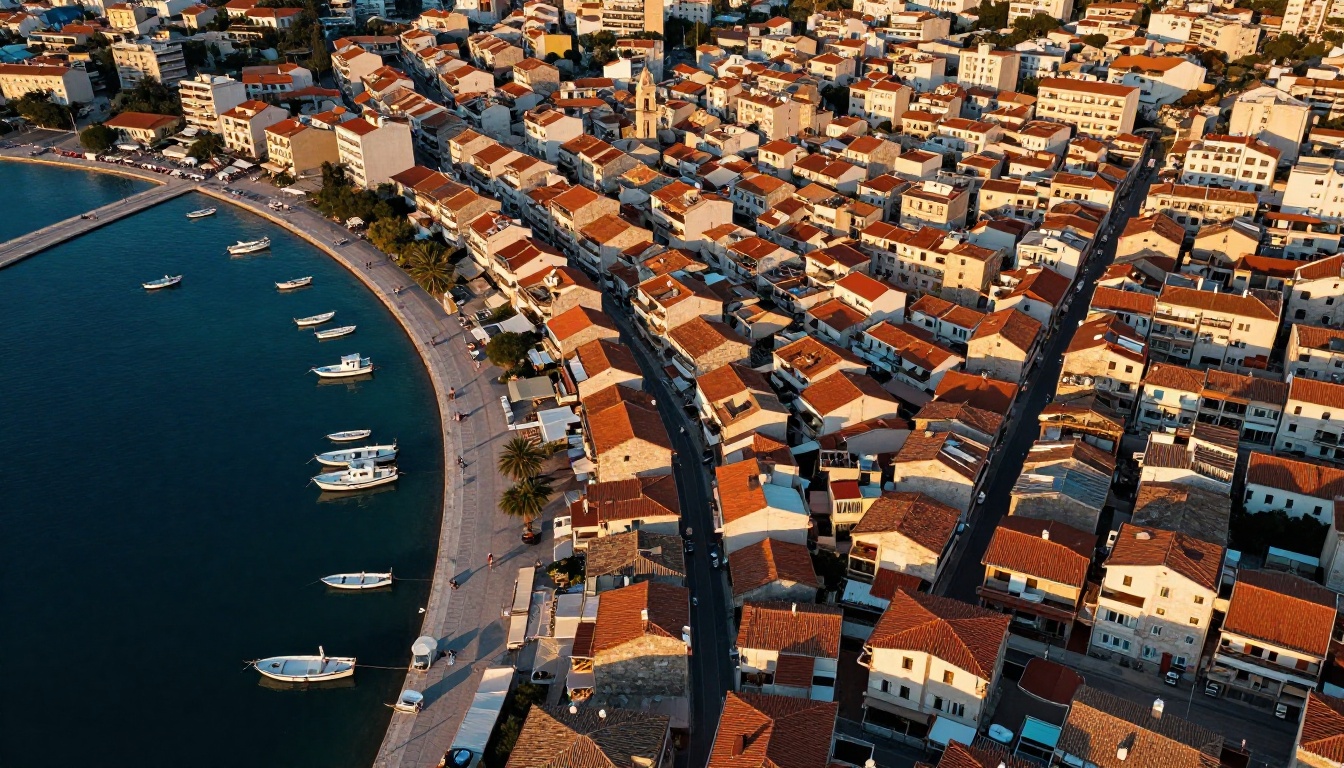 Aerial drone photograph of a Mediterranean coastal city at golden hour showing photorealistic output quality