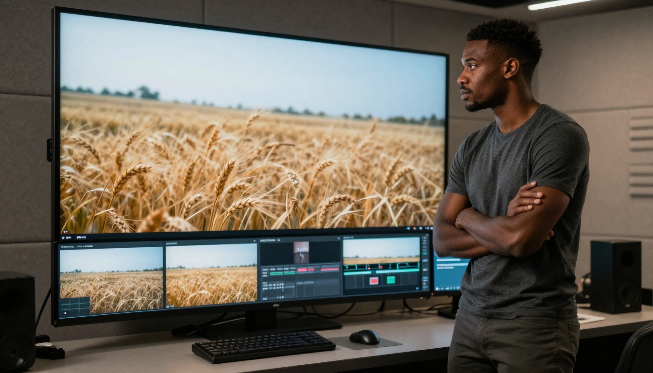 A professional video post-production expert studying AI-generated footage on a large reference monitor in a professional studio