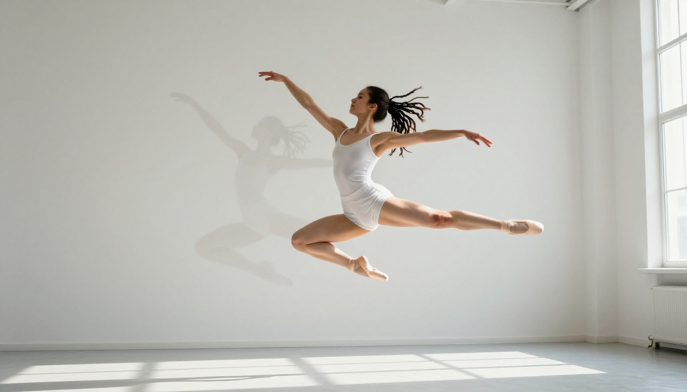 Female ballet dancer caught mid-leap in white studio showing stroboscopic motion trail analysis