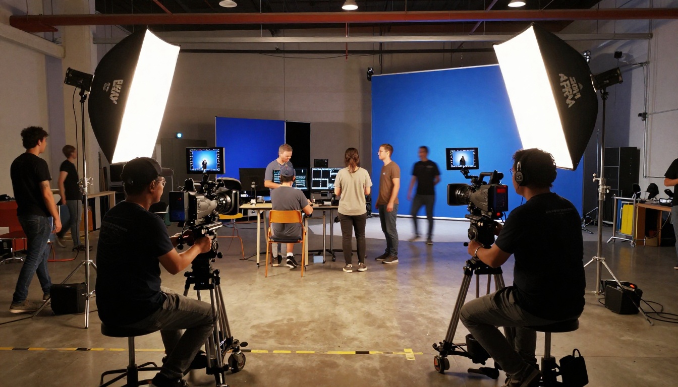 Professional video production set inside a converted warehouse studio with crew and Arri lighting equipment