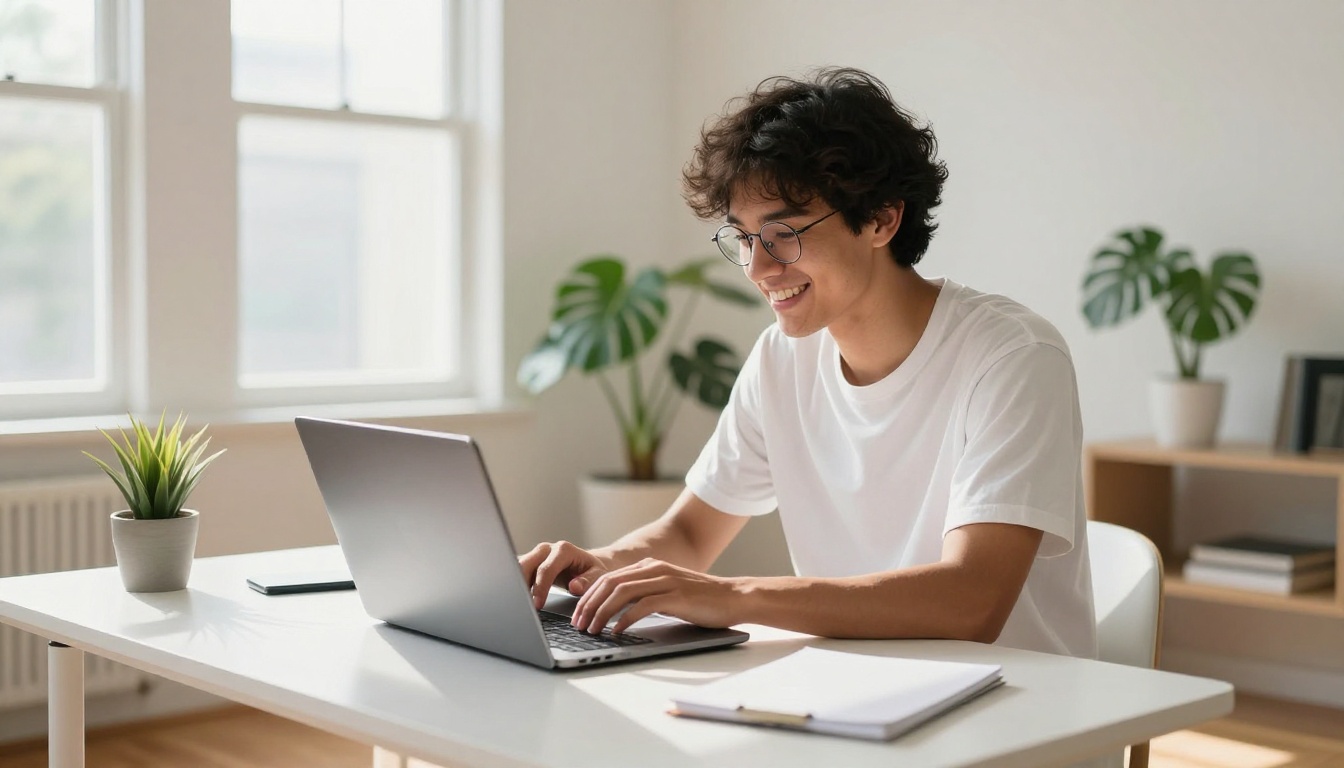 Young man working on laptop in bright modern home office, relaxed and engaged in creative work