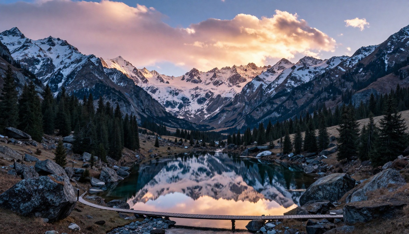 Wide-angle alpine valley at dawn with glacial lake showing the cinematic photorealistic quality AI video can now achieve