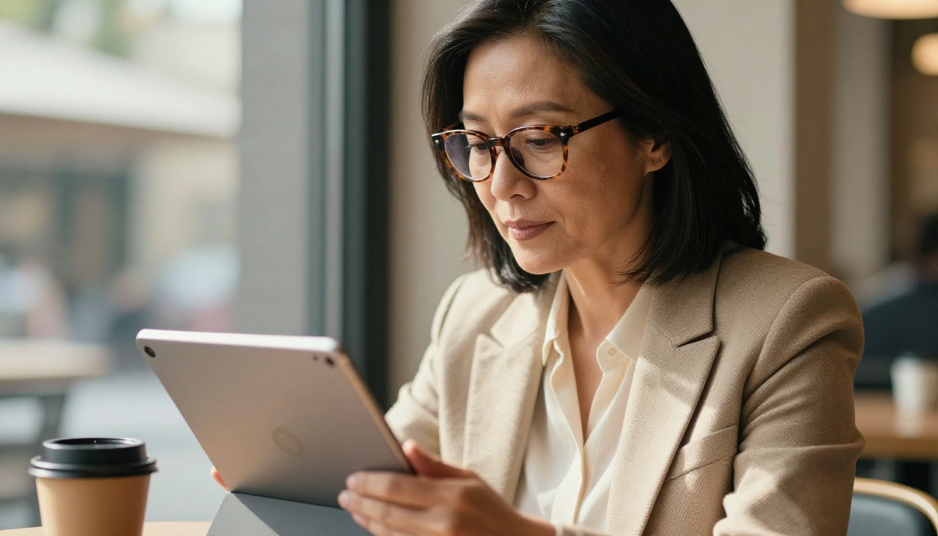 Woman reviewing AI video content on tablet at a café window table