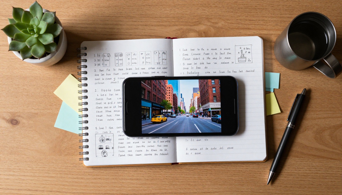 Overhead flat-lay of a creative workspace with notebook, smartphone showing video content, and planning materials