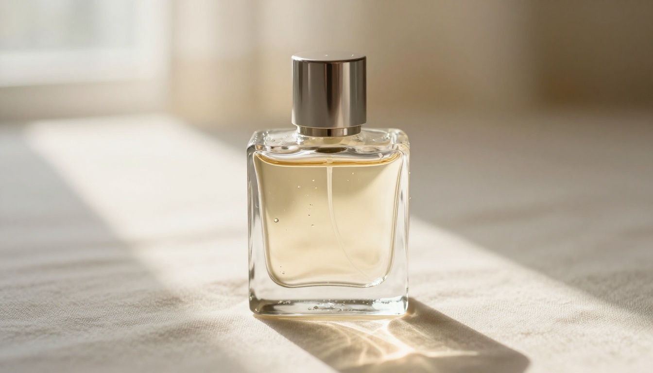 Close-up macro shot of a luxury perfume bottle with glass facets on cream linen with soft bokeh background