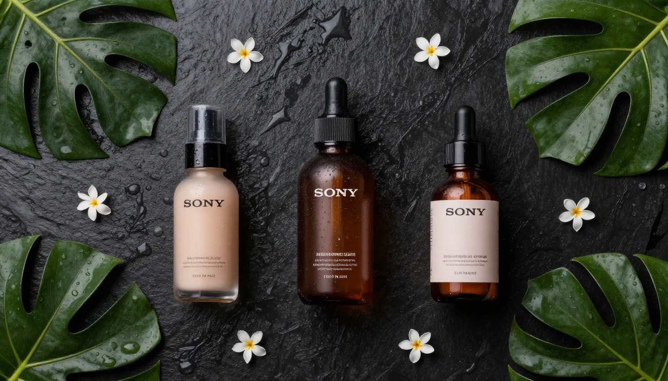 Aerial flat lay of cosmetic bottles on black slate surrounded by tropical leaves and white flowers