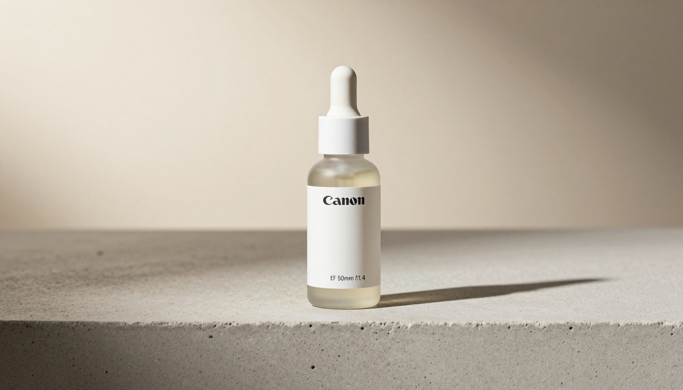 Low angle worm's eye view of a skincare serum bottle on a polished concrete pedestal with warm beige gradient background