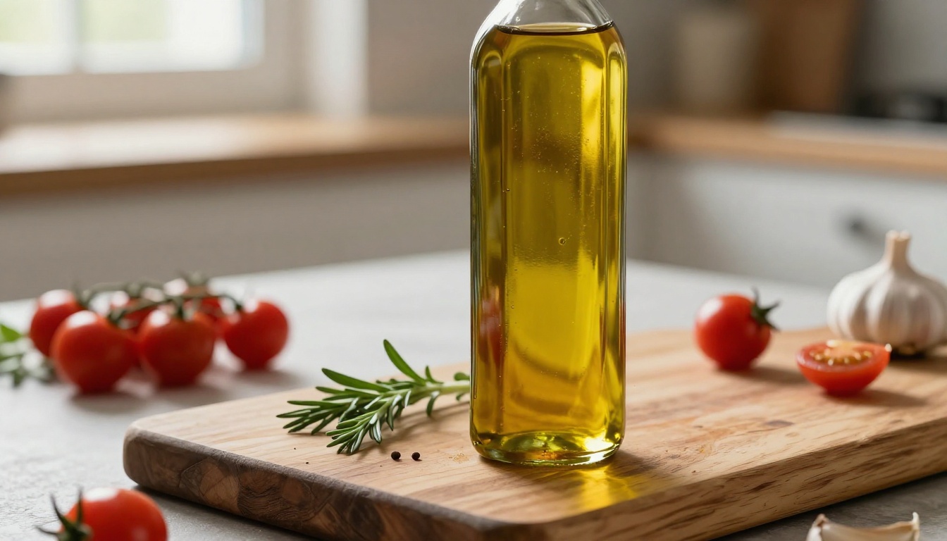 Glass olive oil bottle with golden liquid on rustic wooden cutting board with fresh herbs and cherry tomatoes