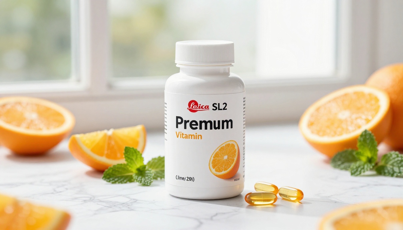 Premium vitamin supplement bottle on white marble countertop with fresh citrus slices, mint sprigs, and scattered capsules