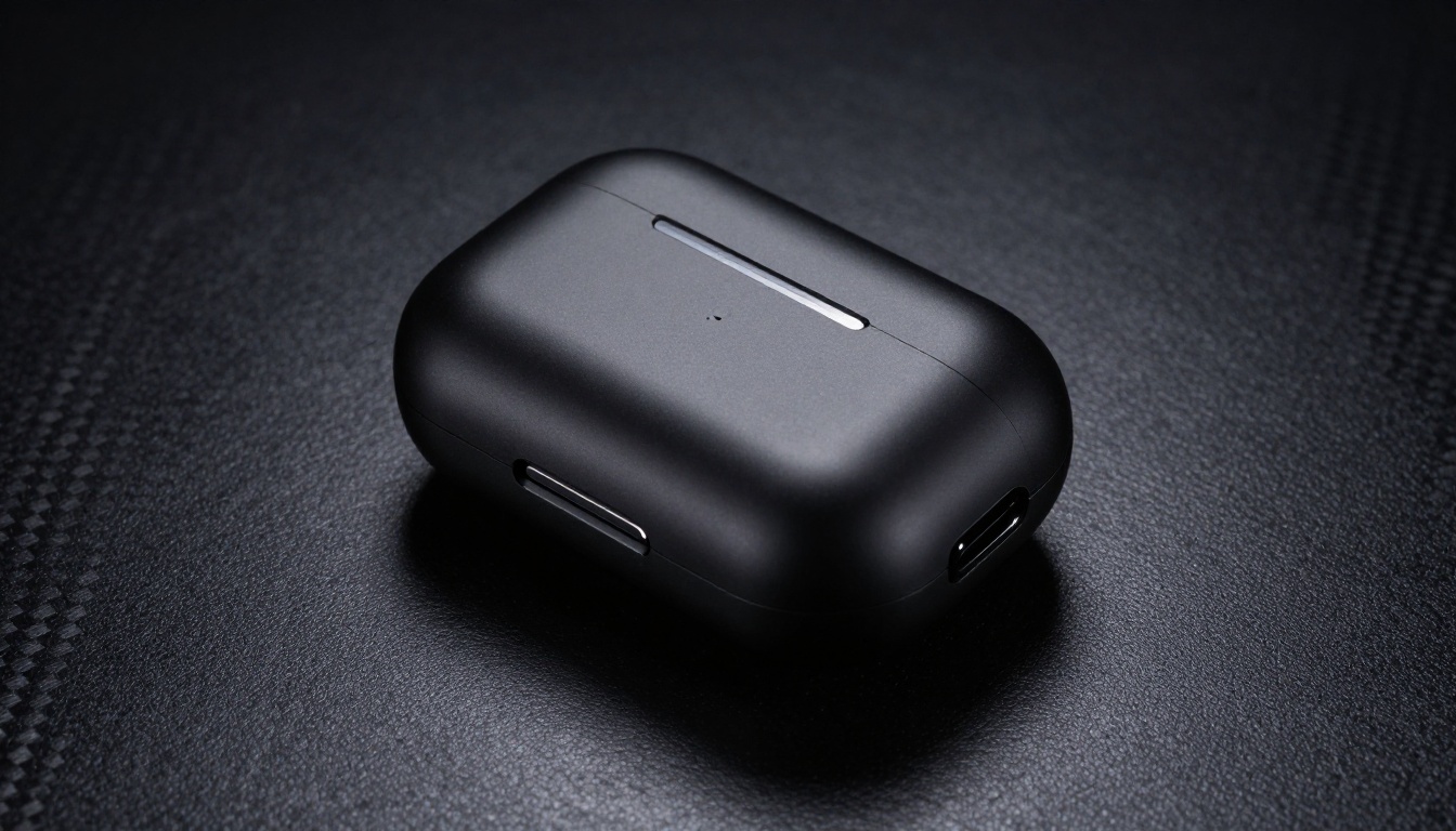 Sleek matte black tech product on dark charcoal surface with dramatic Rembrandt lighting and glossy accent reflections