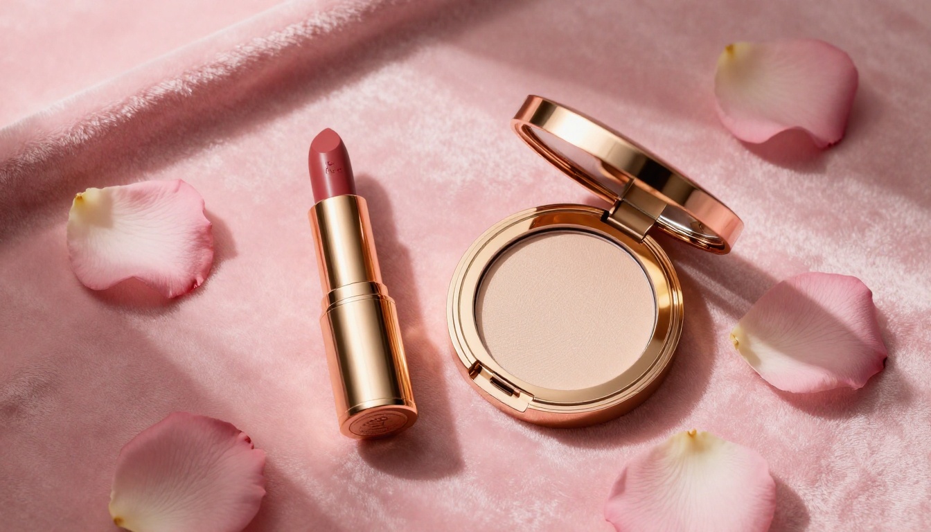 Elegant rose gold lipstick and compact powder on pink velvet fabric with scattered rose petals