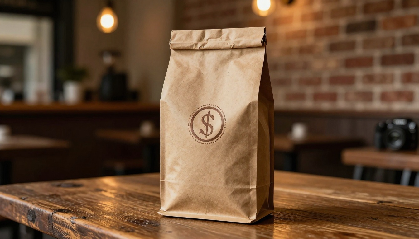 Premium craft coffee bag on weathered oak table with blurred vintage cafe interior in the background