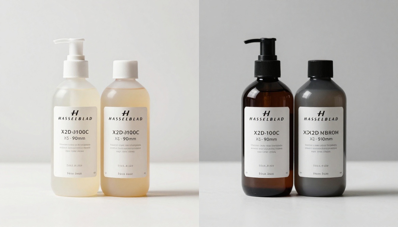 Two product bottles side by side in warm and cool lighting showing visual contrast comparison