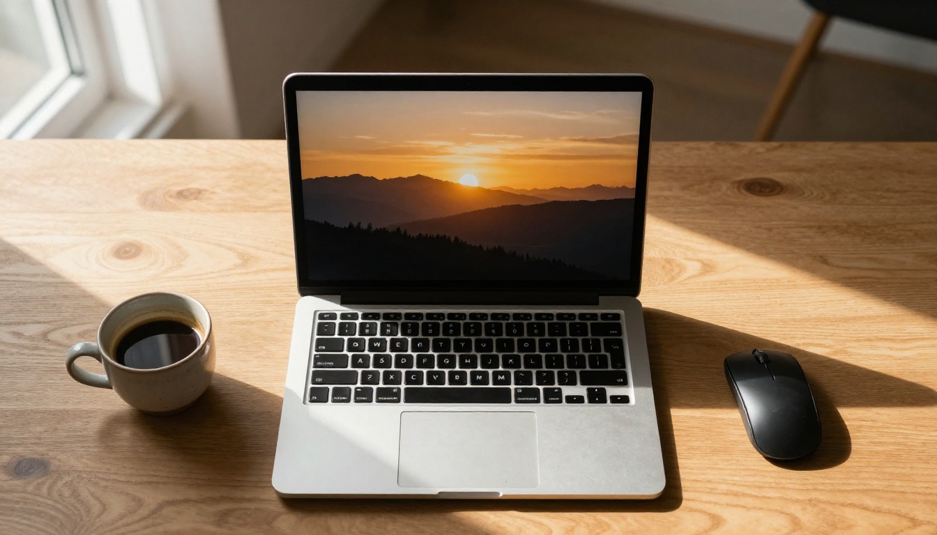 4K workspace with laptop showing high-resolution image on screen, aerial top-down shot
