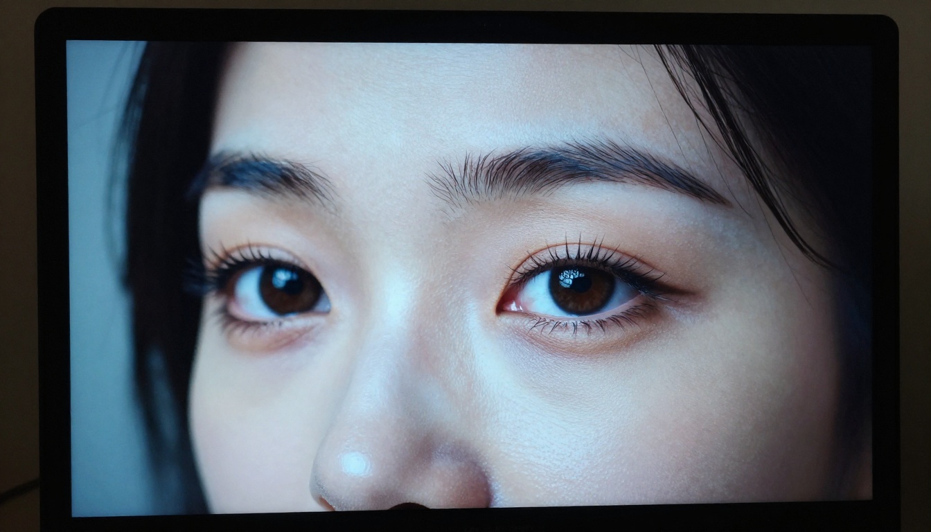 Monitor screen displaying ultra-sharp 4K portrait with visible skin pore detail