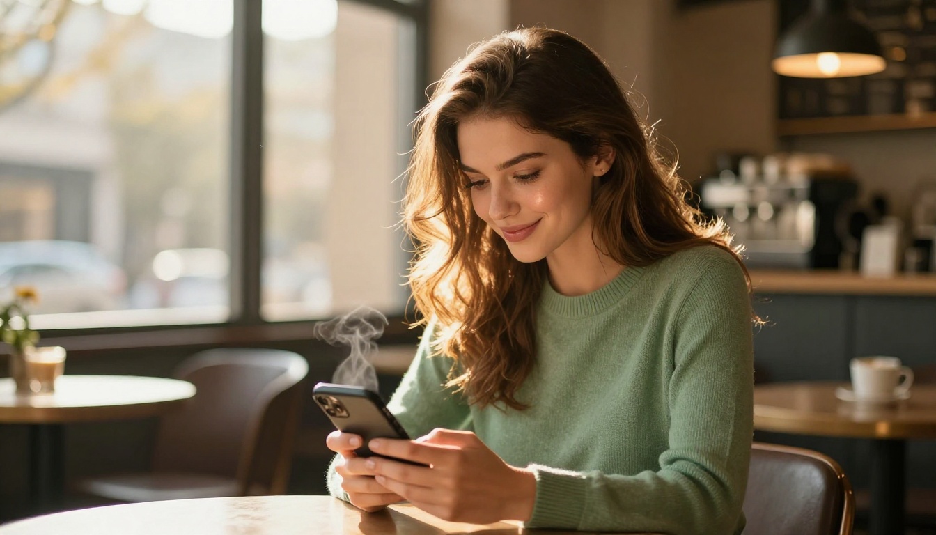 Woman smiling while looking at AI-generated images on smartphone in warm sunlit cafe Woman smiling while looking at AI-generated images on smartphone in warm sunlit cafe