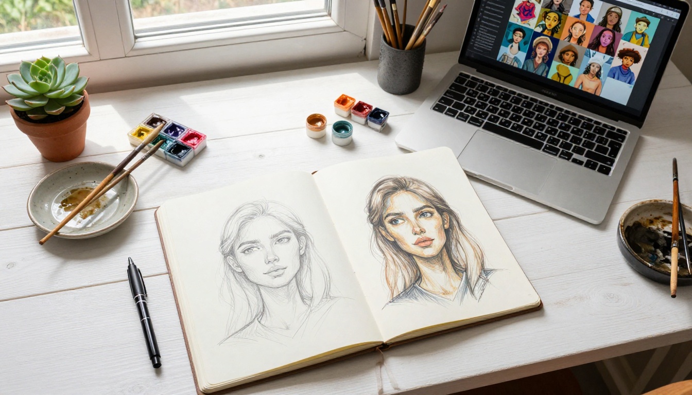 Aerial top-down view of creative artist workspace with sketchbook, watercolors, and laptop showing AI-generated art Aerial top-down view of creative artist workspace with sketchbook, watercolors, and laptop showing AI-generated art