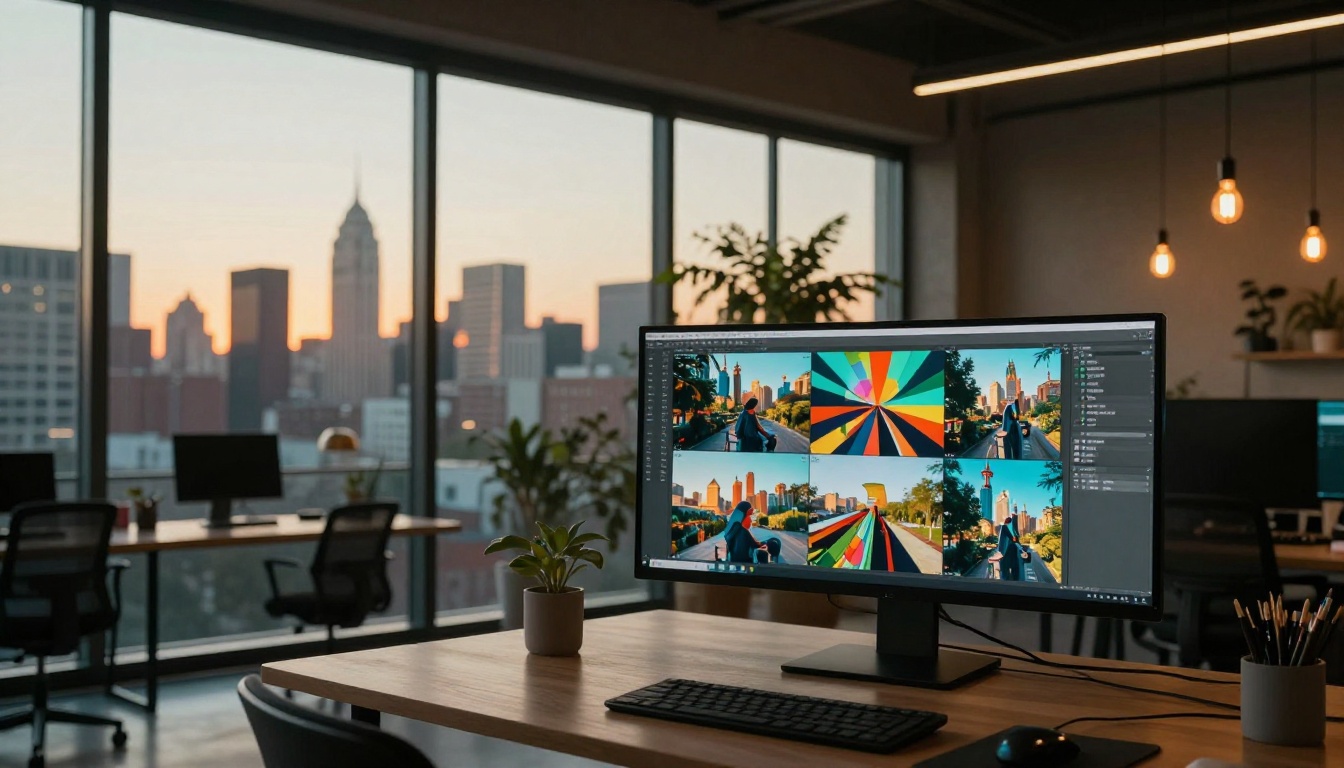 Modern creative studio workspace at golden hour with designer reviewing 4K images on curved monitor