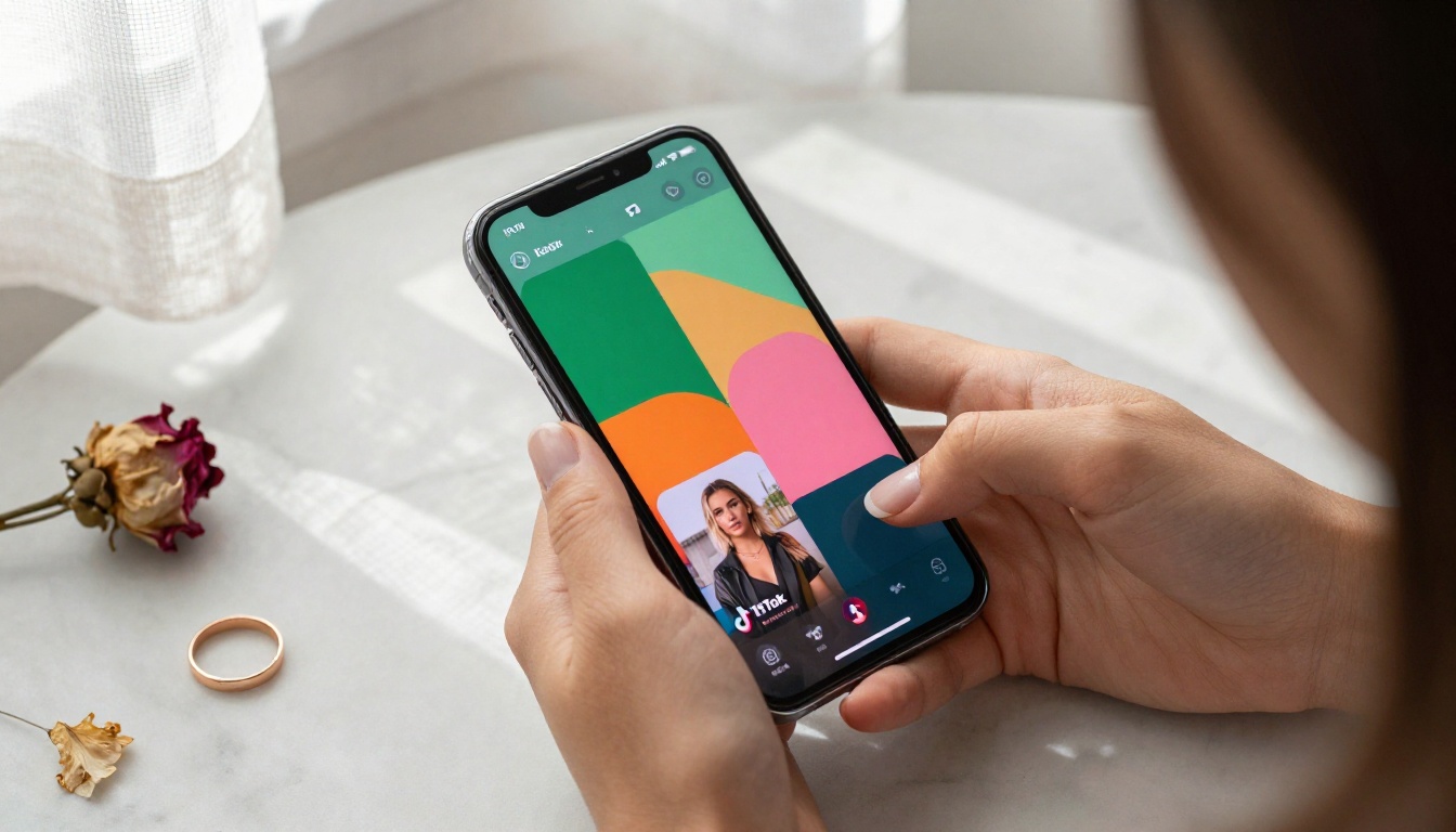 Person scrolling through a vibrant social media video feed on smartphone
