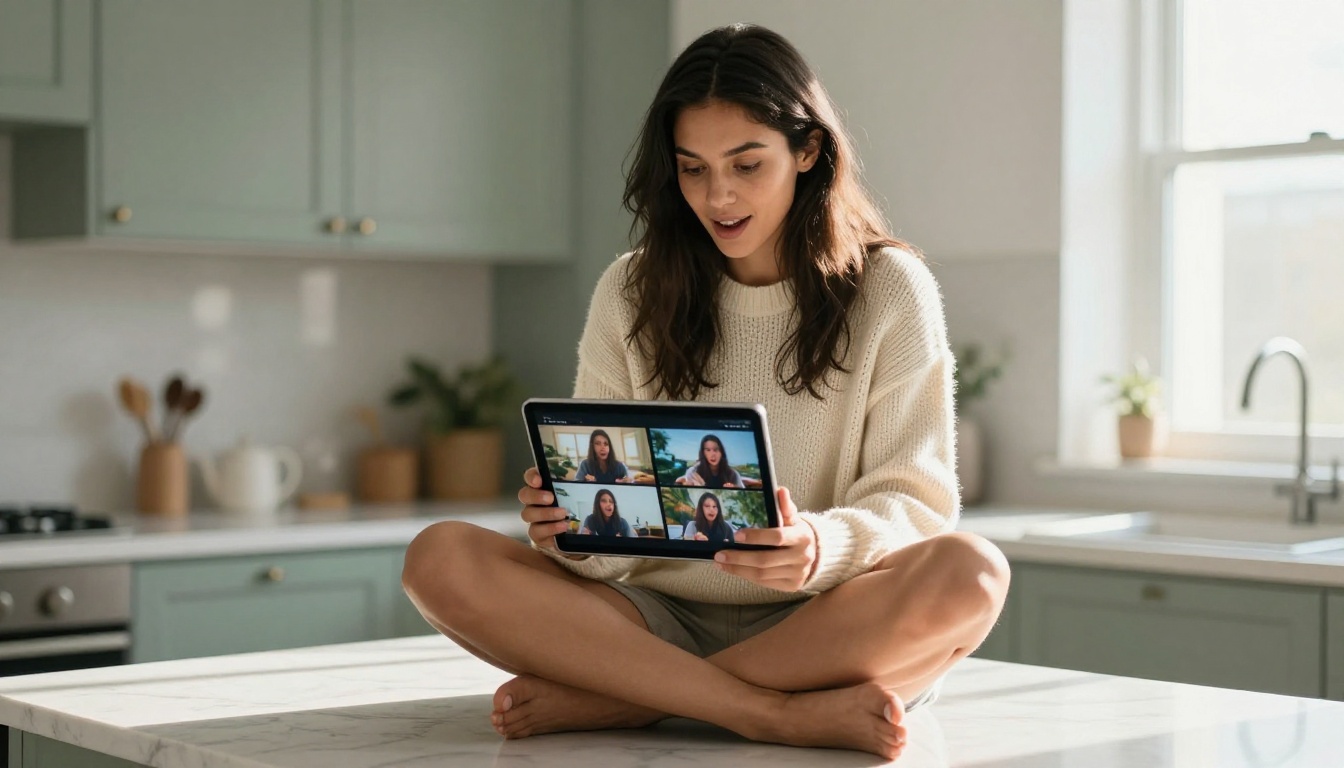 Content creator comparing AI video outputs on tablet in modern kitchen Content creator comparing AI video outputs on tablet in modern kitchen