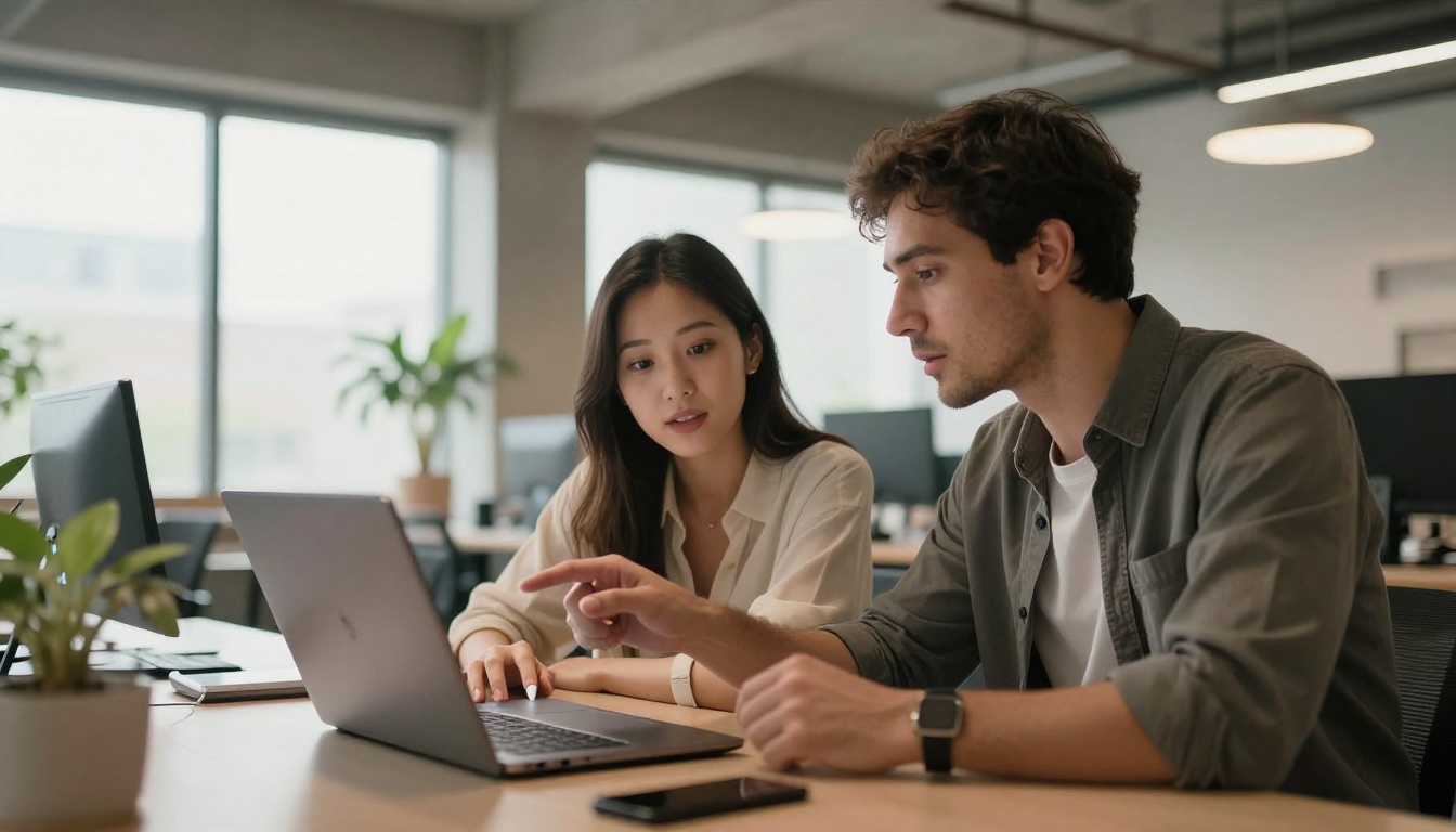 Man and woman collaborating on AI image generation in modern open-plan office with natural window light Man and woman collaborating on AI image generation in modern open-plan office with natural window light