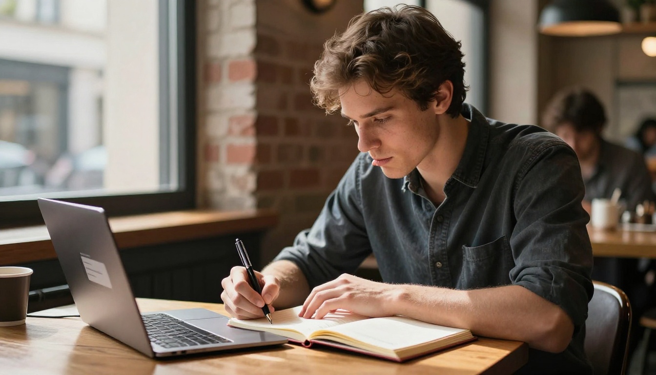 Man writing video prompts at a coffee shop with an AI interface open on his laptop