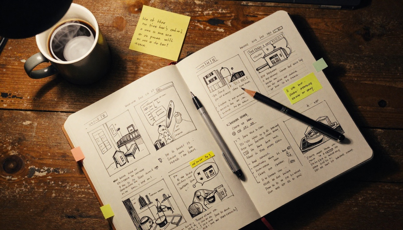 Filmmaker's storyboard with handwritten notes and coffee on oak desk Filmmaker's storyboard with handwritten notes and coffee on oak desk