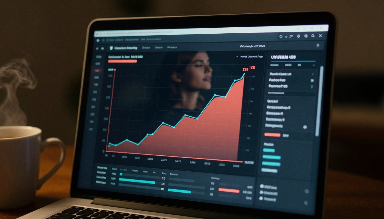Social media analytics dashboard with rising video performance metrics on screen