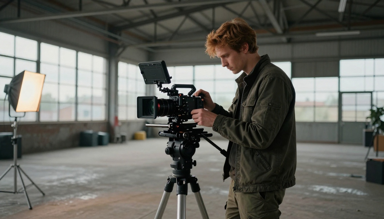 Professional videographer operating cinema camera rig in industrial warehouse Professional videographer operating cinema camera rig in industrial warehouse