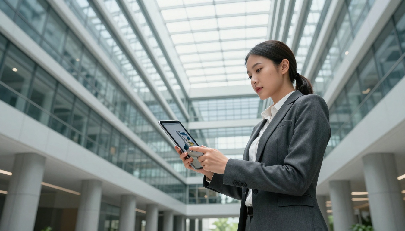 Professional woman in blazer holding tablet in modern atrium, low angle architectural shot