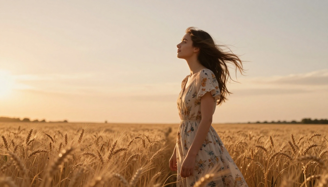 Young woman in summer dress standing in golden wheat field at sunset, cinematic low-angle shot Young woman in summer dress standing in golden wheat field at sunset, cinematic low-angle shot