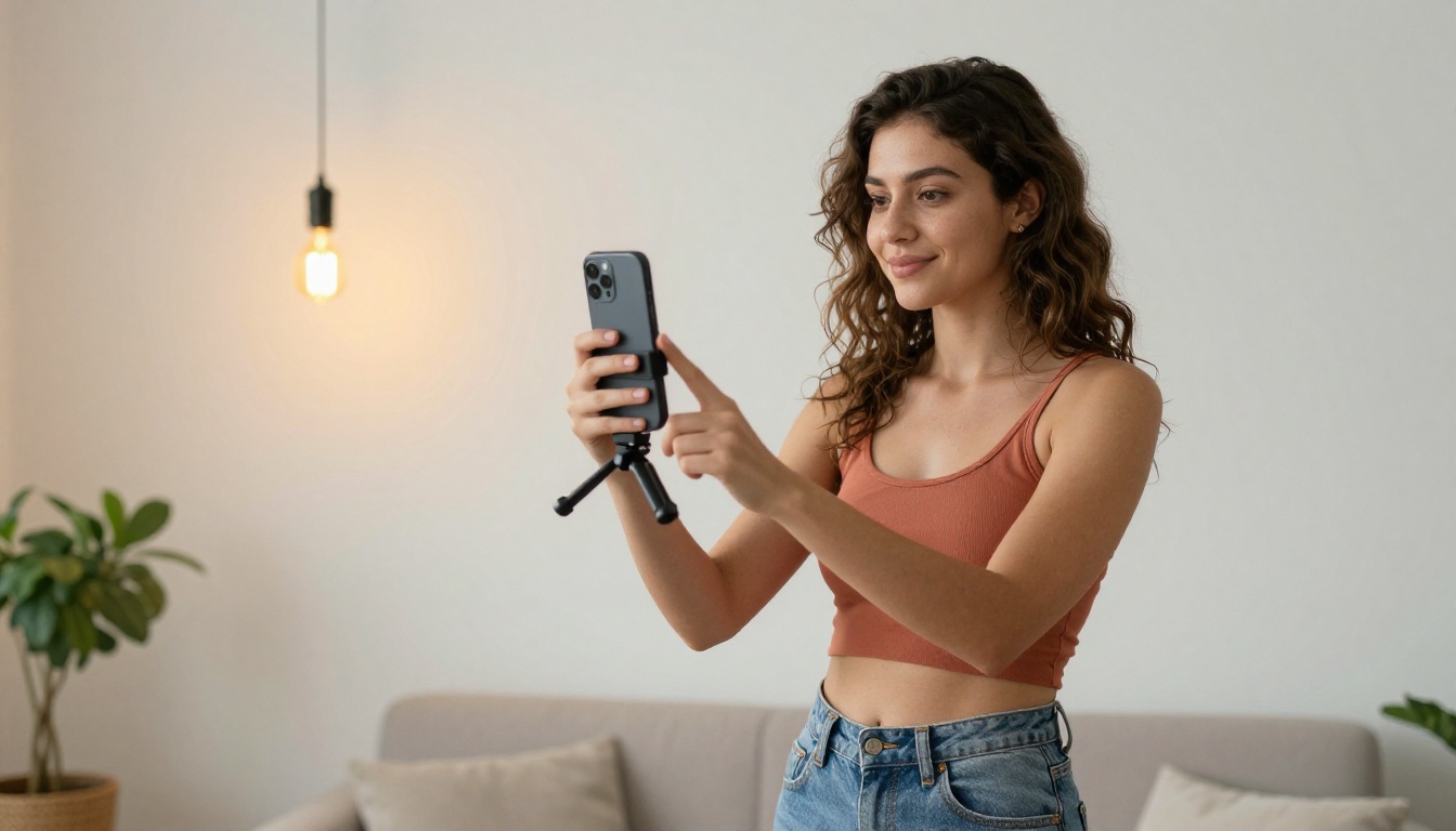 Young woman adjusting her smartphone on a tripod to film social media content