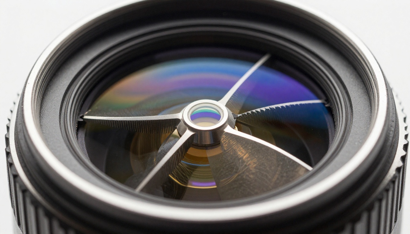 Extreme close-up of cinema camera lens aperture blades with optical coatings Extreme close-up of cinema camera lens aperture blades with optical coatings