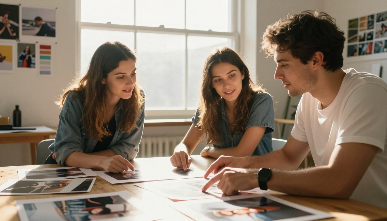 Two creative professionals reviewing large-format photographs on wooden table in bright studio