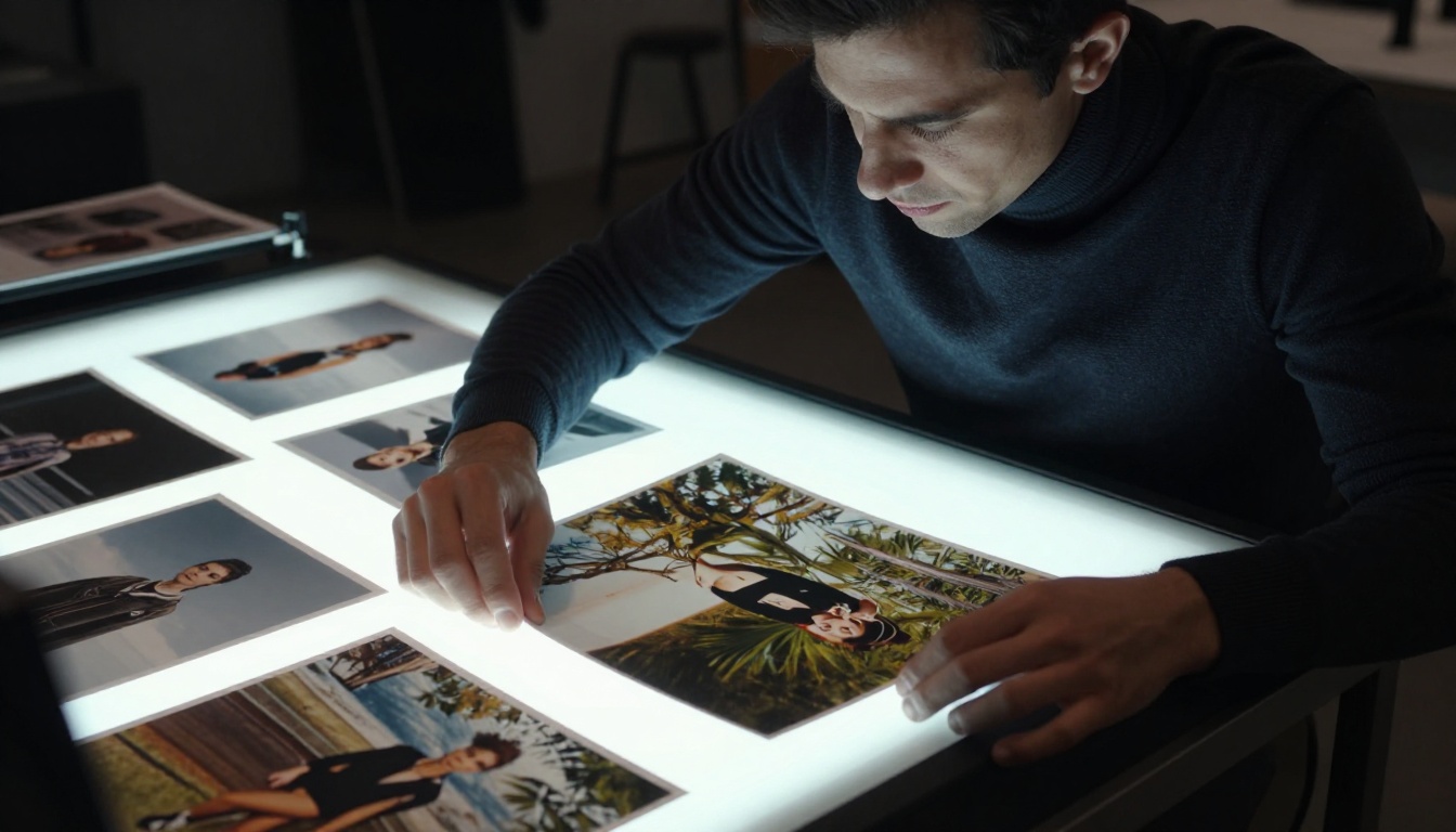 Creative director reviewing printed photographs on illuminated light table in moody photography studio Creative director reviewing printed photographs on illuminated light table in moody photography studio