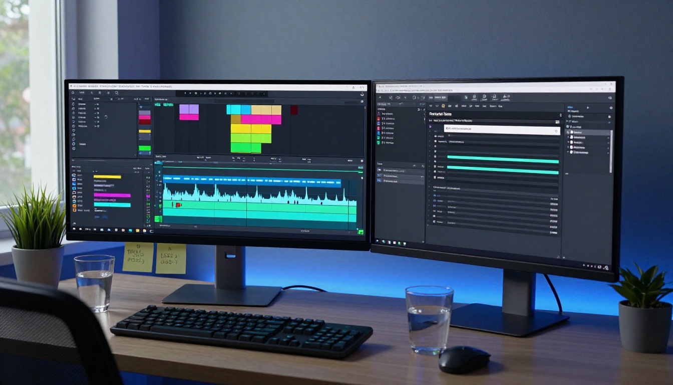 Dual-monitor desk setup showing a video editing timeline and social media scheduling tool