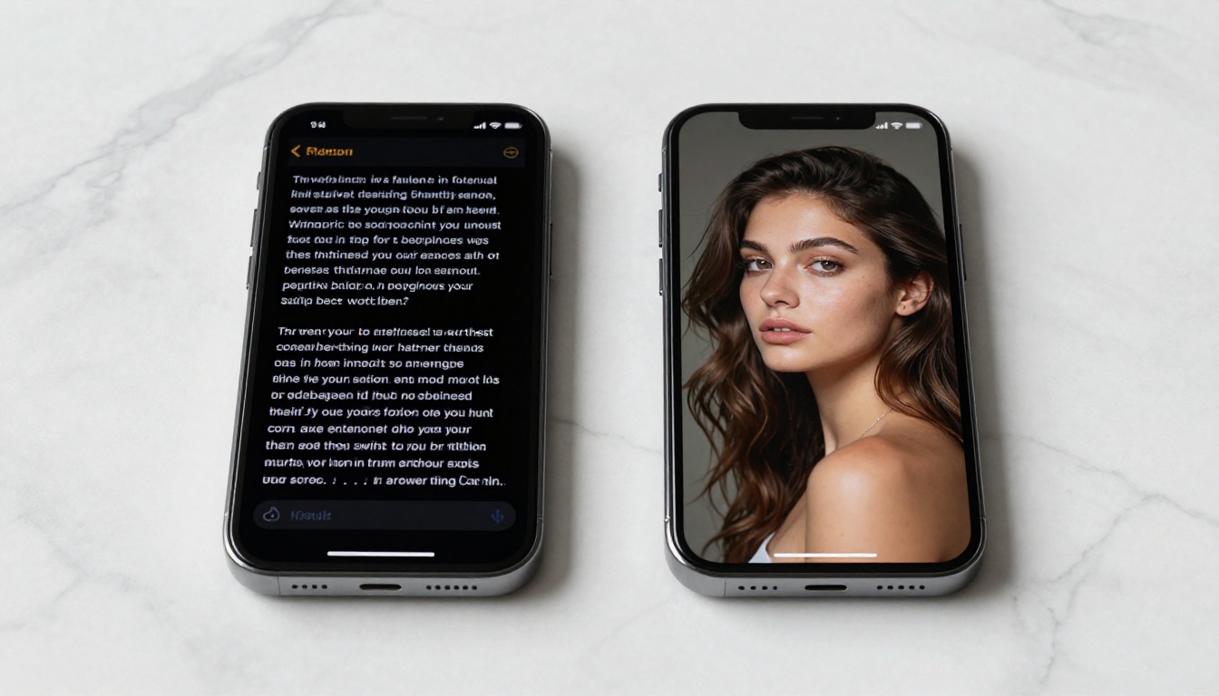Two smartphones on marble surface comparing text prompt input with AI-generated portrait output Two smartphones on marble surface comparing text prompt input with AI-generated portrait output