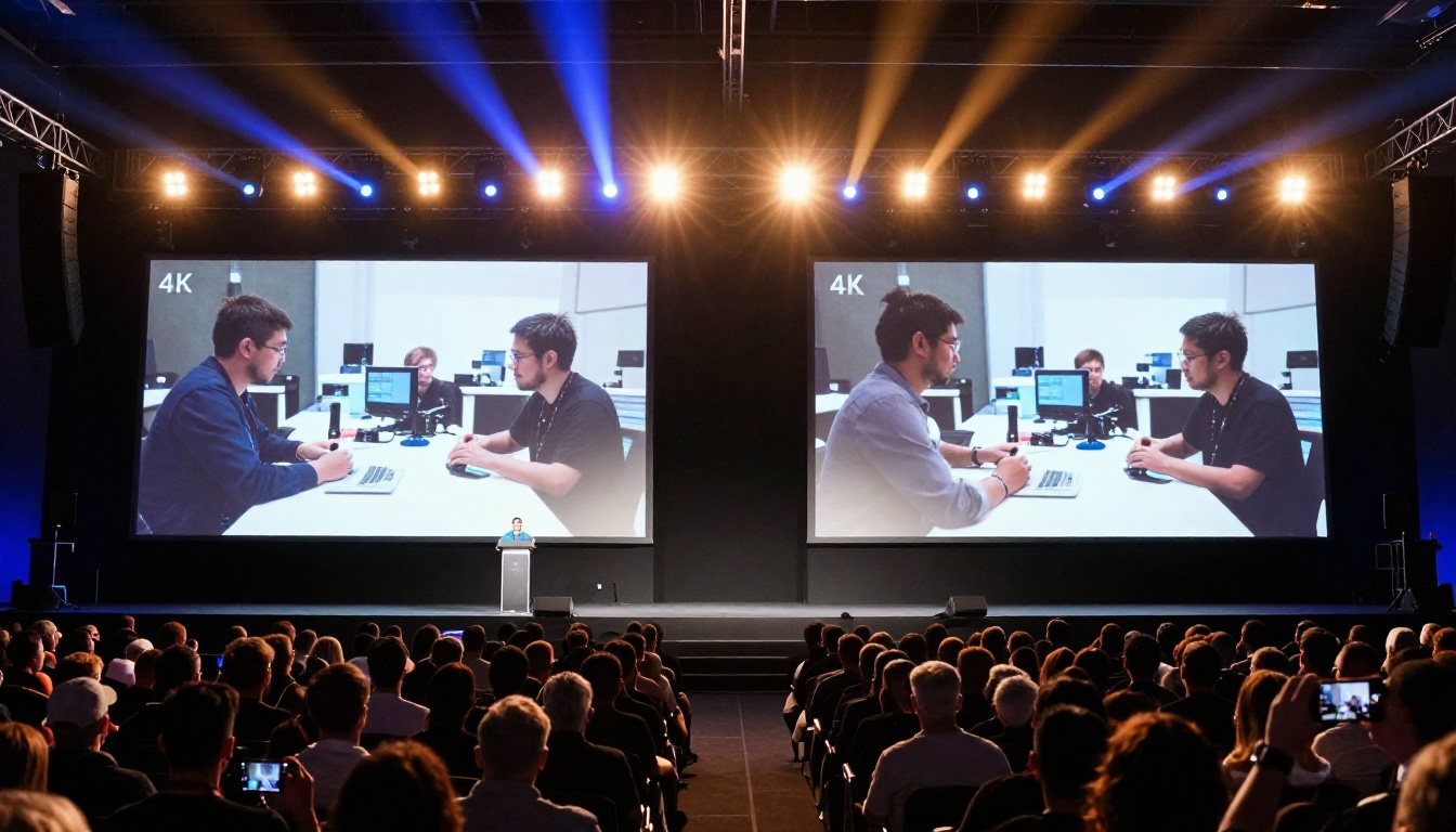 AI technology comparison stage with dual projection screens and auditorium audience AI technology comparison stage with dual projection screens and auditorium audience