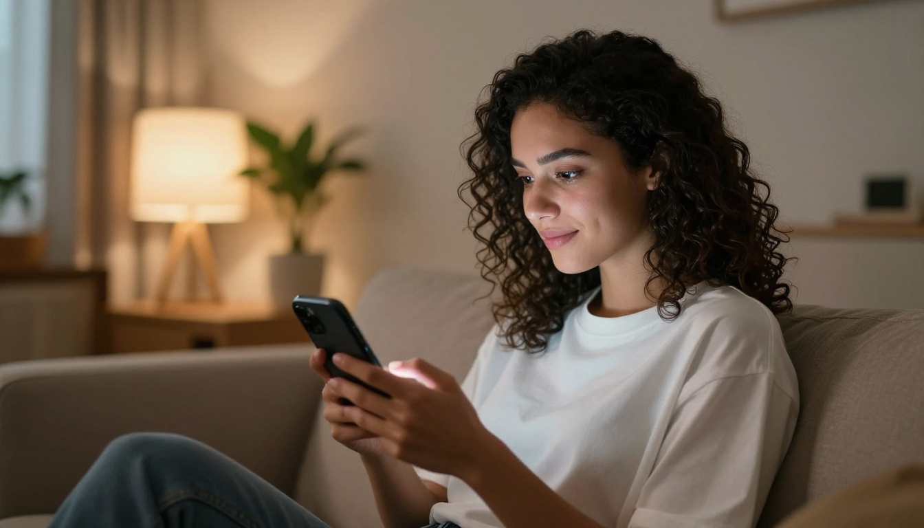 Woman scrolling through Instagram Reels feed with soft lamplight in the background