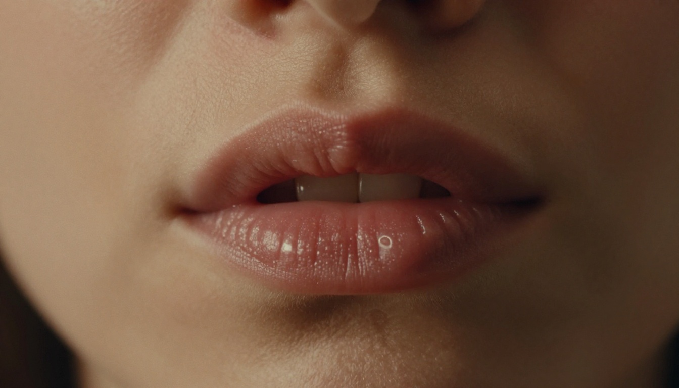 Extreme close-up of lips mid-syllable, macro photography, natural skin texture, 8K RAW