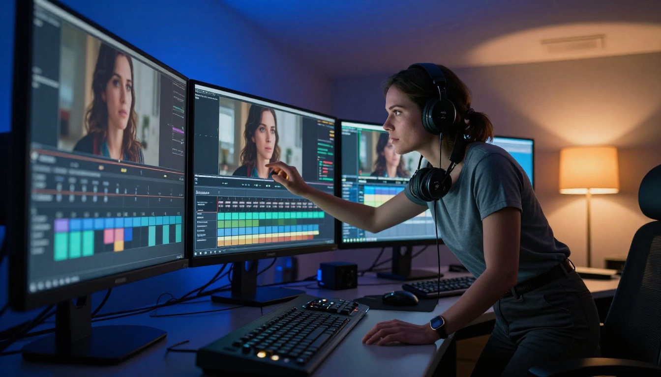 Professional female cinematographer reviewing cinema footage on large monitors, color grading suite, Kodak Vision3 Professional female cinematographer reviewing cinema footage on large monitors, color grading suite, Kodak Vision3
