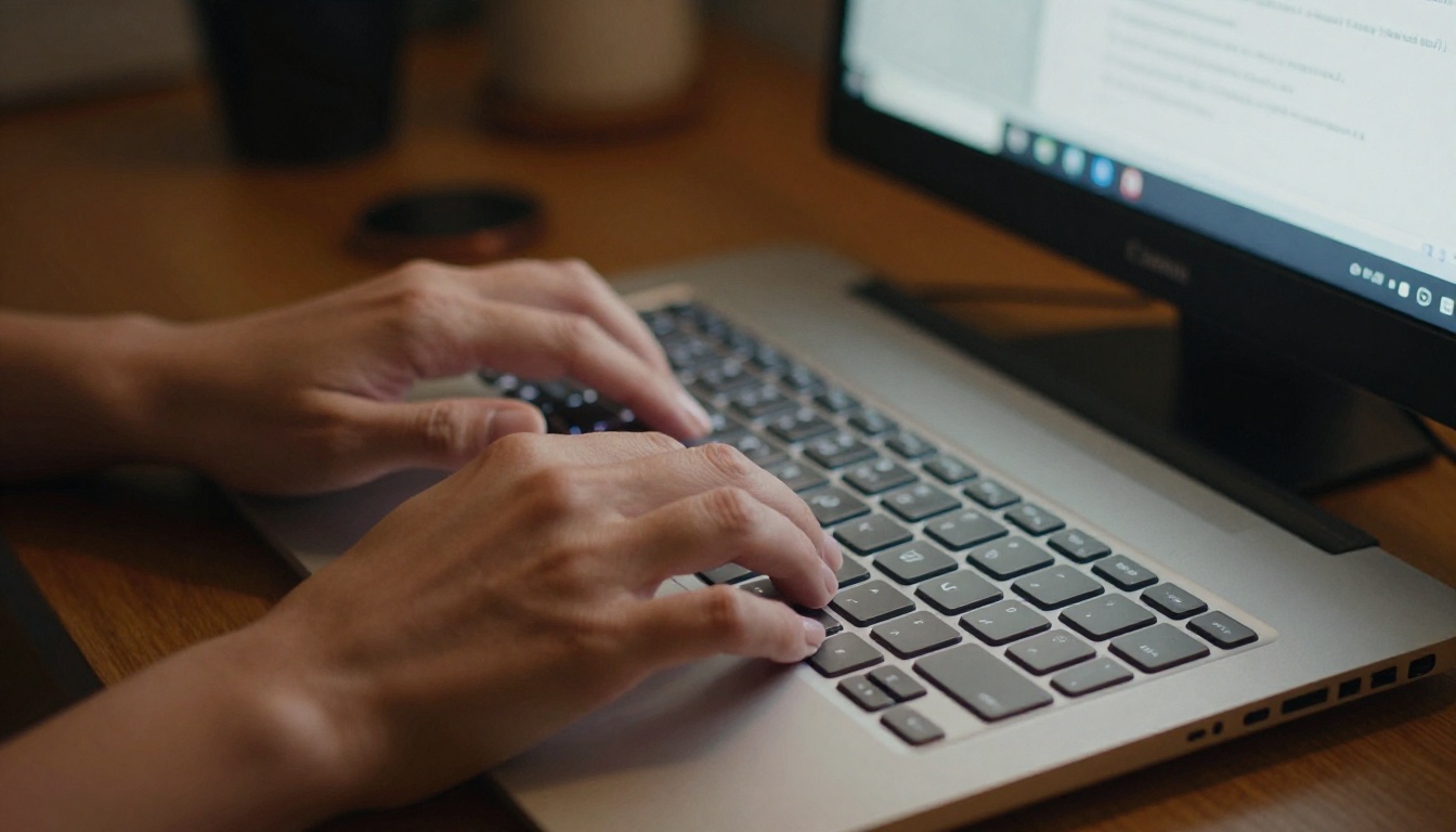 Hands typing a creative prompt on a laptop keyboard for AI image generation