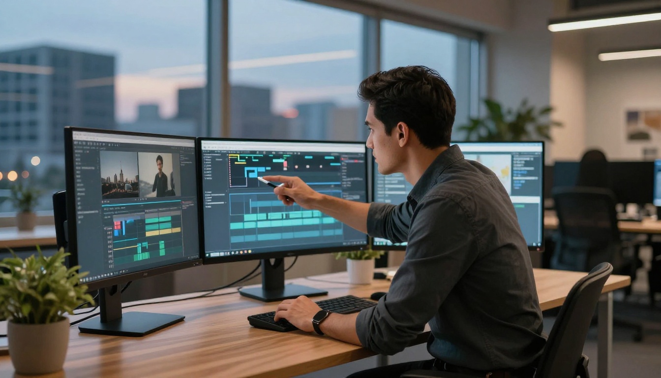 Tech professional analyzing video data on multiple monitors at standing desk Tech professional analyzing video data on multiple monitors at standing desk